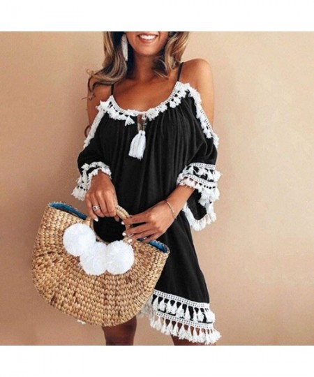 Board Shorts Women Off Shoulder Dress Tassel Short Cocktail Party Beach Dress Sundress - Black - C018SI9HGER