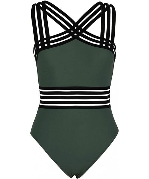 Racing Women's One Piece Swimsuit Crisscross Halter Bathing Suit High Waisted Monokini Swimwear - Dark Army Green - CA199TAUGN7