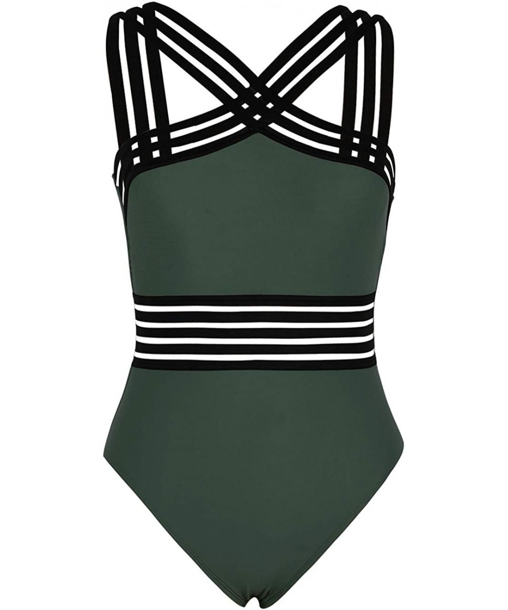 Racing Women's One Piece Swimsuit Crisscross Halter Bathing Suit High Waisted Monokini Swimwear - Dark Army Green - CA199TAUGN7