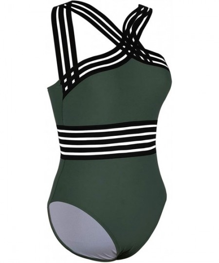 Racing Women's One Piece Swimsuit Crisscross Halter Bathing Suit High Waisted Monokini Swimwear - Dark Army Green - CA199TAUGN7