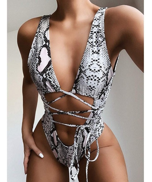 One-Pieces 2020 Women's Sexy Bathing Suits Criss Cross Ladies Vintage Lace Bikini Sets Leopard One Piece Swimwear - Gray - CM...