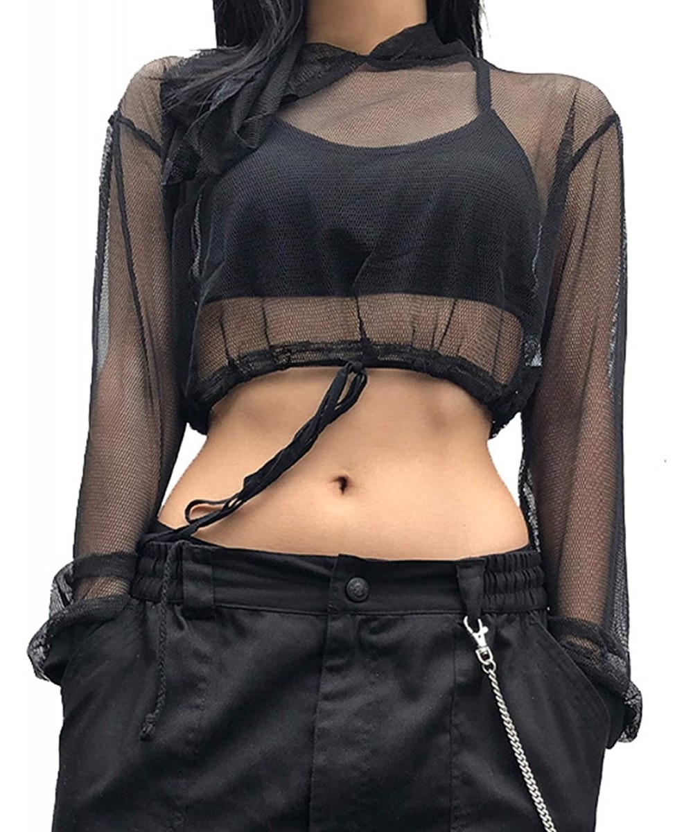 Cover-Ups Women's Sheer Mesh Tops Hoodies Fishnet Crop Top Net Long Sleeve Hip Hop Cover Up - Black - C118UCO2WWG