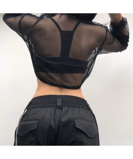 Cover-Ups Women's Sheer Mesh Tops Hoodies Fishnet Crop Top Net Long Sleeve Hip Hop Cover Up - Black - C118UCO2WWG