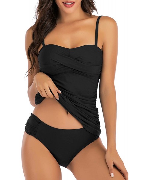 Sets Women's Ruched Bandeau Two Piece Bathing Suits Tummy Control Tankini Swimsuits with Bikini Bottom - Black - CA18Y2NUDWQ