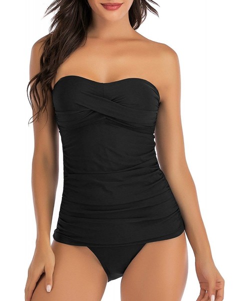 Sets Women's Ruched Bandeau Two Piece Bathing Suits Tummy Control Tankini Swimsuits with Bikini Bottom - Black - CA18Y2NUDWQ