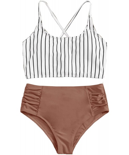 Sets Women's Bathing Suits Striped Criss Cross Bikini Set High Waisted Swimsuits - Brown - C9199U0YWI7