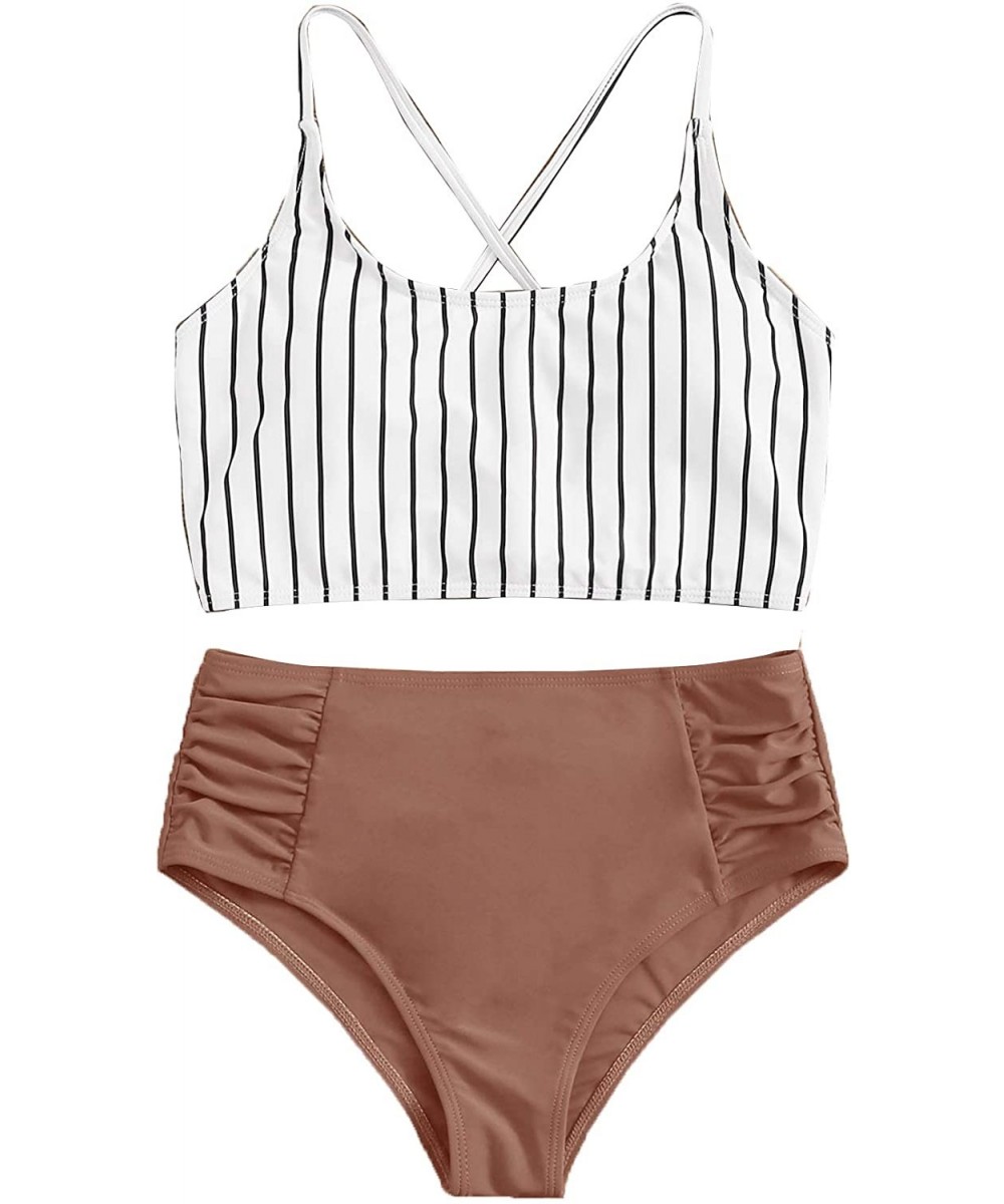 Sets Women's Bathing Suits Striped Criss Cross Bikini Set High Waisted Swimsuits - Brown - C9199U0YWI7