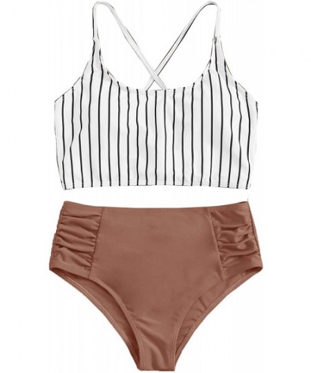 Sets Women's Bathing Suits Striped Criss Cross Bikini Set High Waisted Swimsuits - Brown - C9199U0YWI7