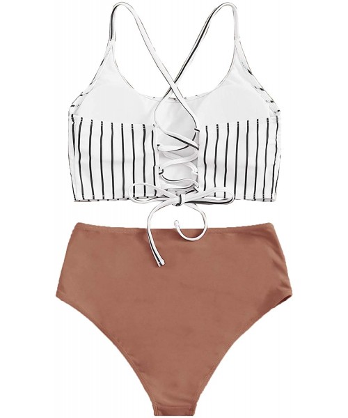 Sets Women's Bathing Suits Striped Criss Cross Bikini Set High Waisted Swimsuits - Brown - C9199U0YWI7