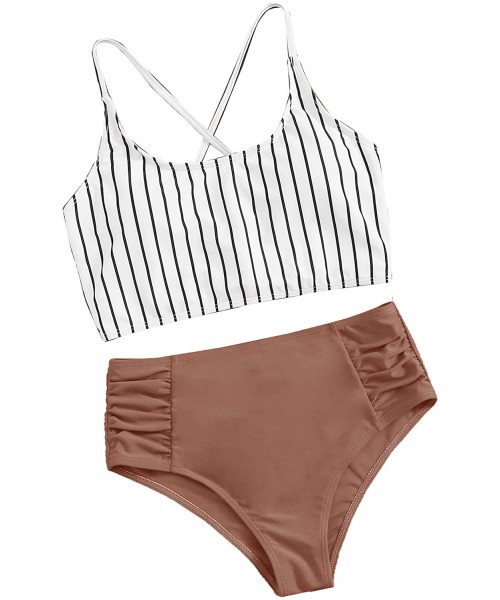 Sets Women's Bathing Suits Striped Criss Cross Bikini Set High Waisted Swimsuits - Brown - C9199U0YWI7