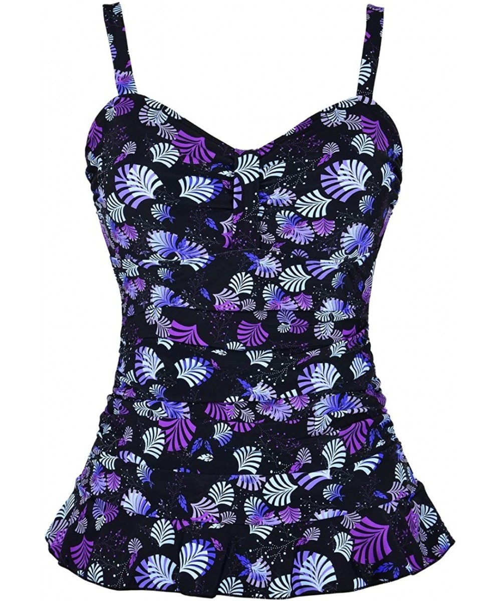 Tops Women's Swim Top Padded Ruffle Hem Shirred Swimwear Tankini Swimsuit Top - Purple Leaves - C618628C2MX