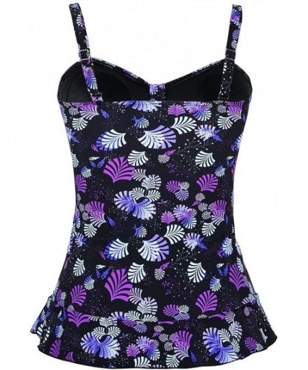 Tops Women's Swim Top Padded Ruffle Hem Shirred Swimwear Tankini Swimsuit Top - Purple Leaves - C618628C2MX