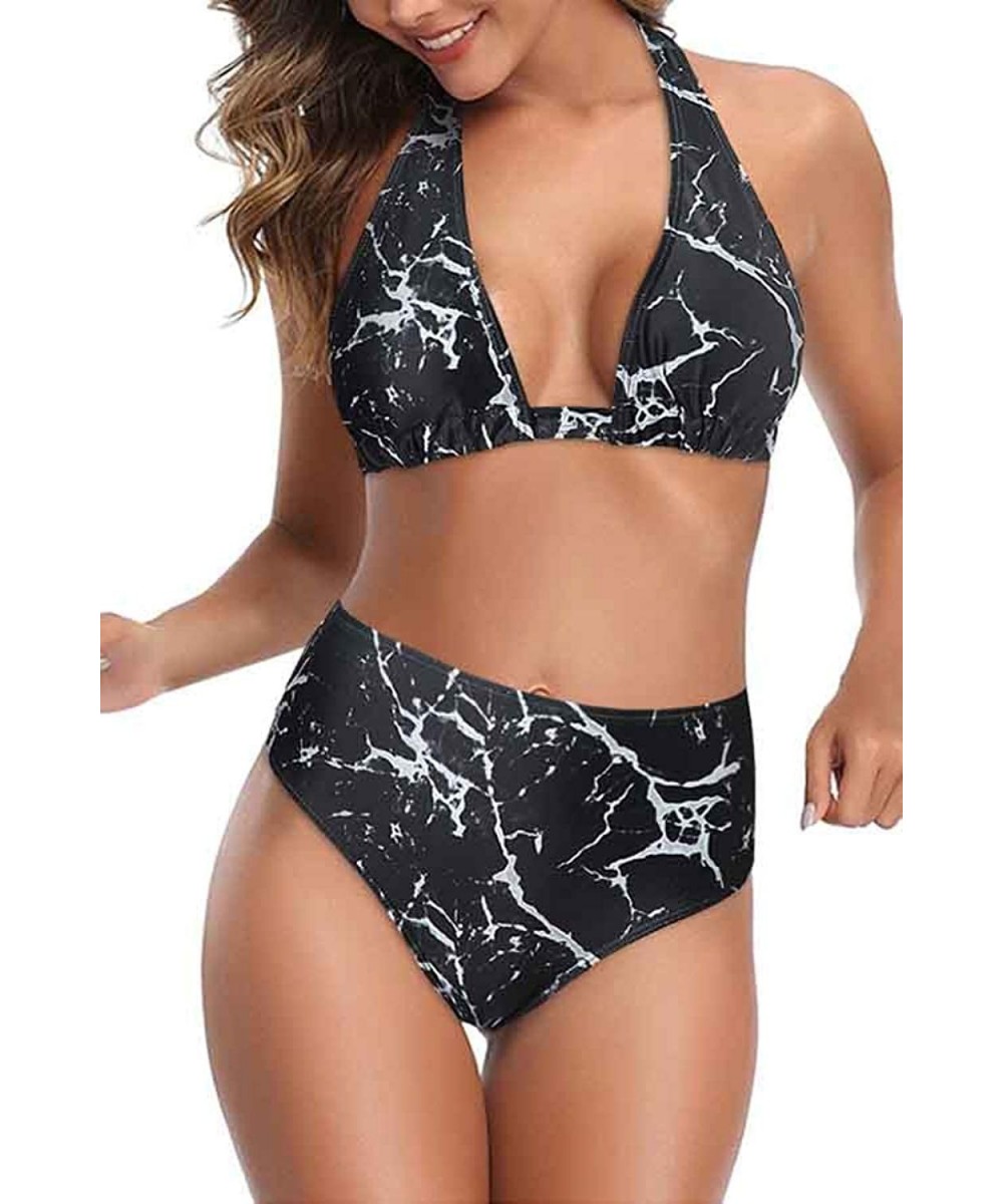 Sets Women's Sexy High Waist Swimsuit 2 Piece Printed Halter Bikini Bathing Suits - Black-8052 - CS19045GI8Q