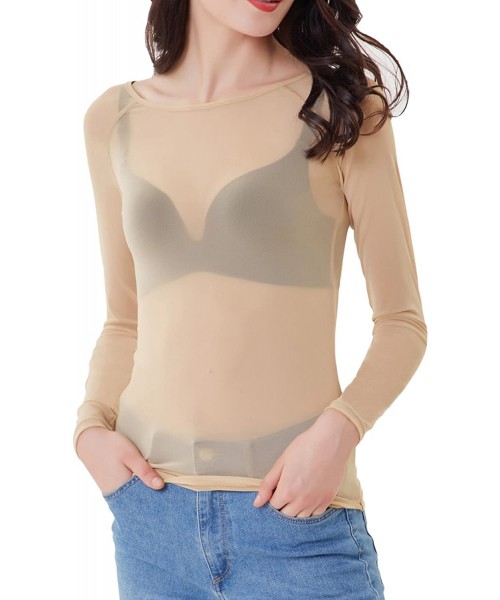 Cover-Ups Women's Basic Long Sleeves Mesh Sheer Tops - Nude - CZ18DAUWMT6