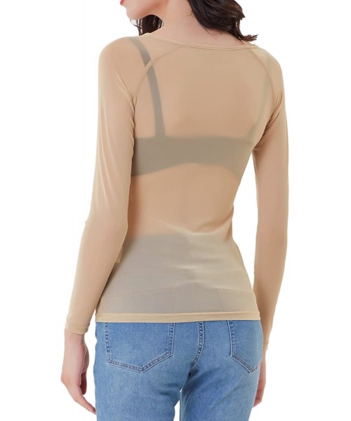 Cover-Ups Women's Basic Long Sleeves Mesh Sheer Tops - Nude - CZ18DAUWMT6