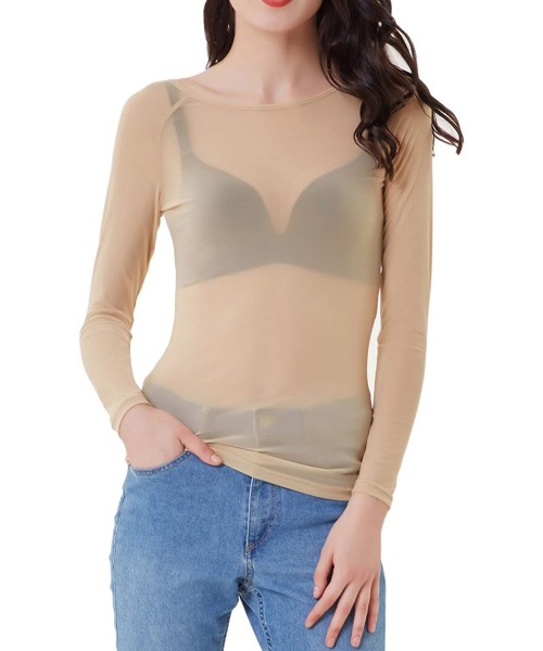 Cover-Ups Women's Basic Long Sleeves Mesh Sheer Tops - Nude - CZ18DAUWMT6