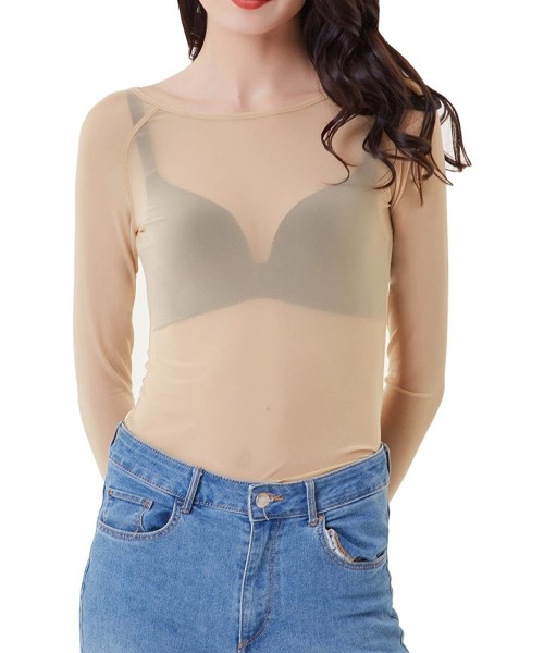 Cover-Ups Women's Basic Long Sleeves Mesh Sheer Tops - Nude - CZ18DAUWMT6