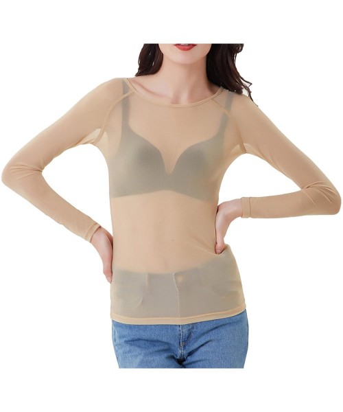 Cover-Ups Women's Basic Long Sleeves Mesh Sheer Tops - Nude - CZ18DAUWMT6