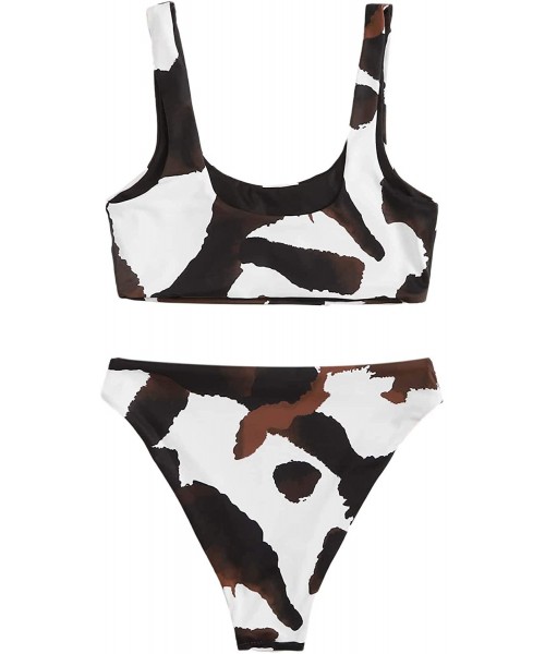 Sets Women's Swimwear Set Solid Scoop Neck High Waisted Bikini Swimsuits - Cow-1 - C4197LRCAY3