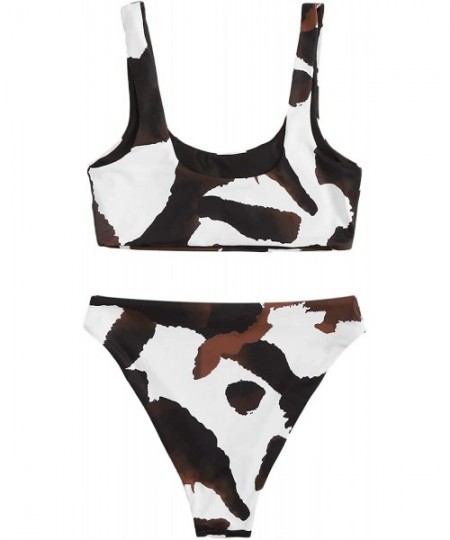 Sets Women's Swimwear Set Solid Scoop Neck High Waisted Bikini Swimsuits - Cow-1 - C4197LRCAY3