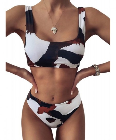 Sets Women's Swimwear Set Solid Scoop Neck High Waisted Bikini Swimsuits - Cow-1 - C4197LRCAY3