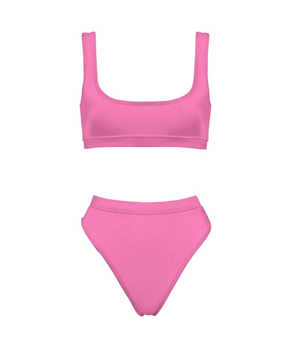 Sets Two Pieces Bikini Sets Sports Crop Top High Waisted High Cut Cheeky Swimsuit - Pink - CL18QHLL54R