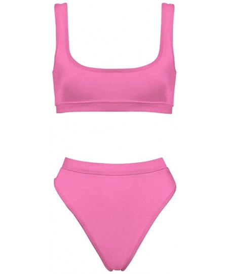 Sets Two Pieces Bikini Sets Sports Crop Top High Waisted High Cut Cheeky Swimsuit - Pink - CL18QHLL54R