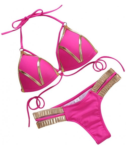 Sets Women's 2 Piece Sexy Swimsuits Off Shoulder Triangle Bikini Set Thong Brazilian - Rose - CU18RM5XR85