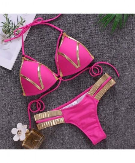 Sets Women's 2 Piece Sexy Swimsuits Off Shoulder Triangle Bikini Set Thong Brazilian - Rose - CU18RM5XR85