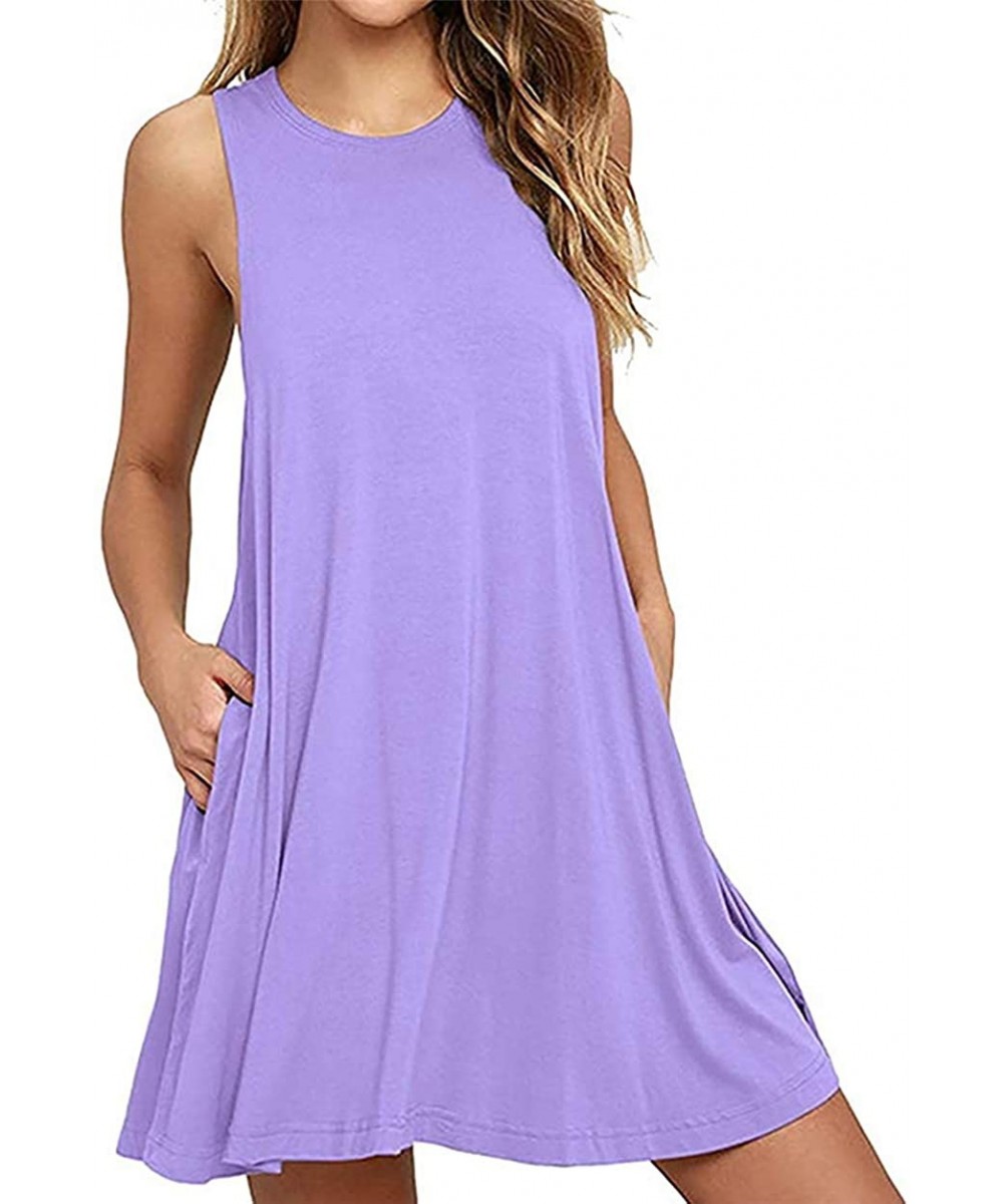 Cover-Ups Womens Sleeveless Summer Beach Dress T Shirt Simple Loose Sundress with Pockets Plus Size S-3XL - Light Purple - CG...