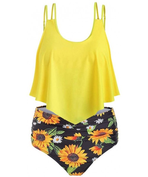 Racing Two Piece Swimsuits for Women Plus Size High Waisted Swimsuit Sunflower Print Ruffled Top Swimwear Bikini Set Vickyleb...