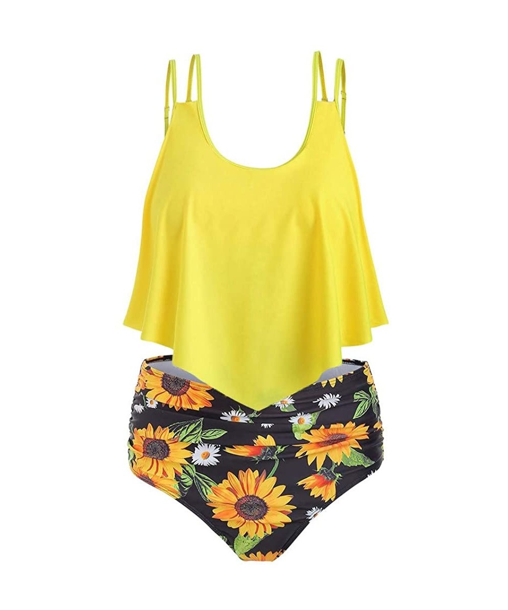 Racing Two Piece Swimsuits for Women Plus Size High Waisted Swimsuit Sunflower Print Ruffled Top Swimwear Bikini Set Vickyleb...