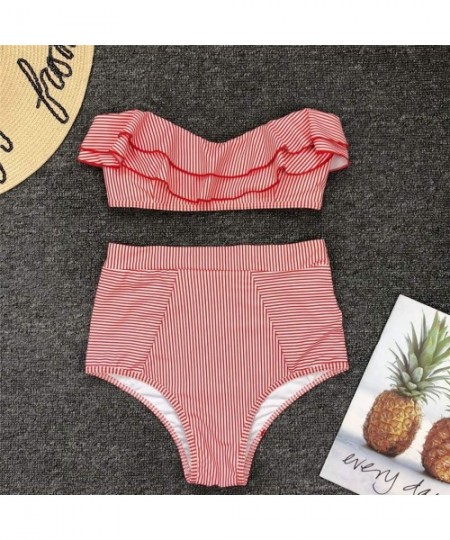 Sets Women Split Irregular Striped Ruffled Strapless High Waist Swimsuits Bikini Set - Striped Red - C218TWUADAT