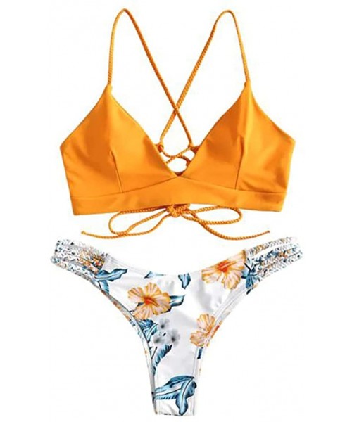 Sets Swimsuits for Women Swimwear Bikini Set Print Leaves Push Up Padded Swimsuit Beachwear Two Piece Bathing Suits Z orange ...