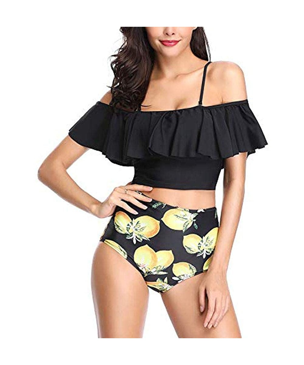 Sets Women Two Pieces Off Shoulder Swimsuits Ruffled Flounce Crop Top Bikini Bathing Suits High Waisted Bottom Tankini Set - ...