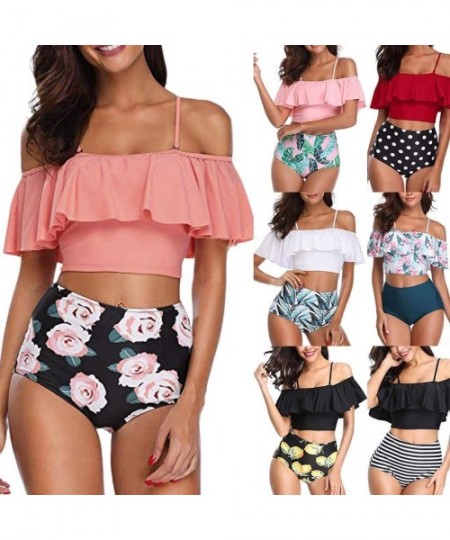 Sets Women Two Pieces Off Shoulder Swimsuits Ruffled Flounce Crop Top Bikini Bathing Suits High Waisted Bottom Tankini Set - ...