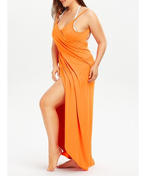 Cover-Ups Women Spaghetti Strap Beach Wrap Dress Backless Bikini Swimsuit Cover Up - Orange - C218CGD5DYK