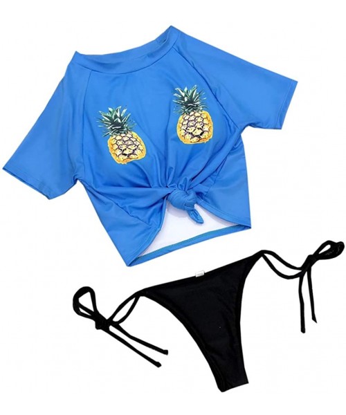 Tankinis Women Short Sleeve Tie Front 2 Piece Crop Top Thong Swimsuit Bikinit Set - Pineapple Printed-blue - CN18LAHAMKM