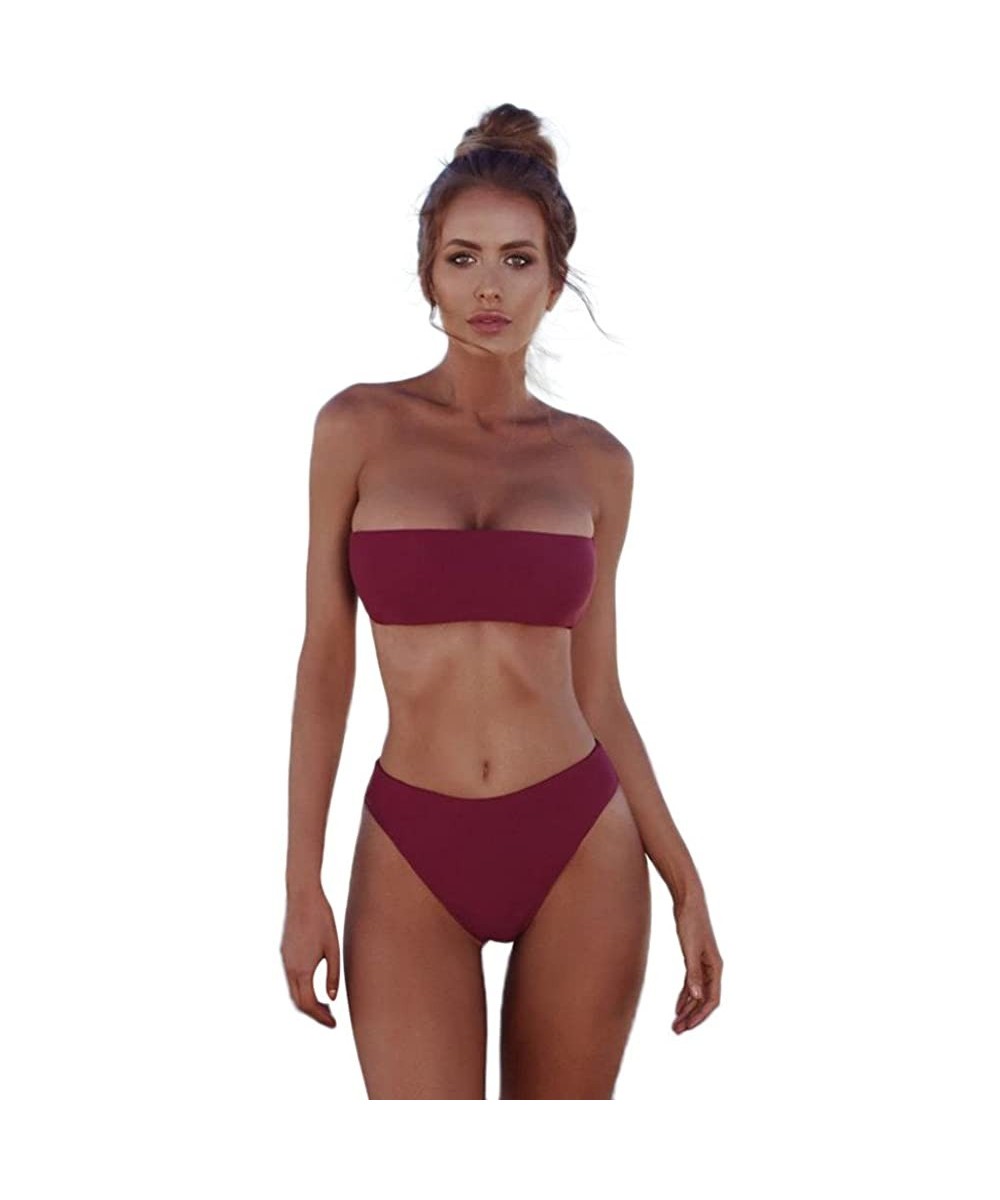 Sets Swimsuits for Women Solid Bikini Set Brazilian Swimwear Breathable Padded Bra Thong - Tube Wine - C019C4IM4XX