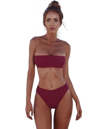 Sets Swimsuits for Women Solid Bikini Set Brazilian Swimwear Breathable Padded Bra Thong - Tube Wine - C019C4IM4XX