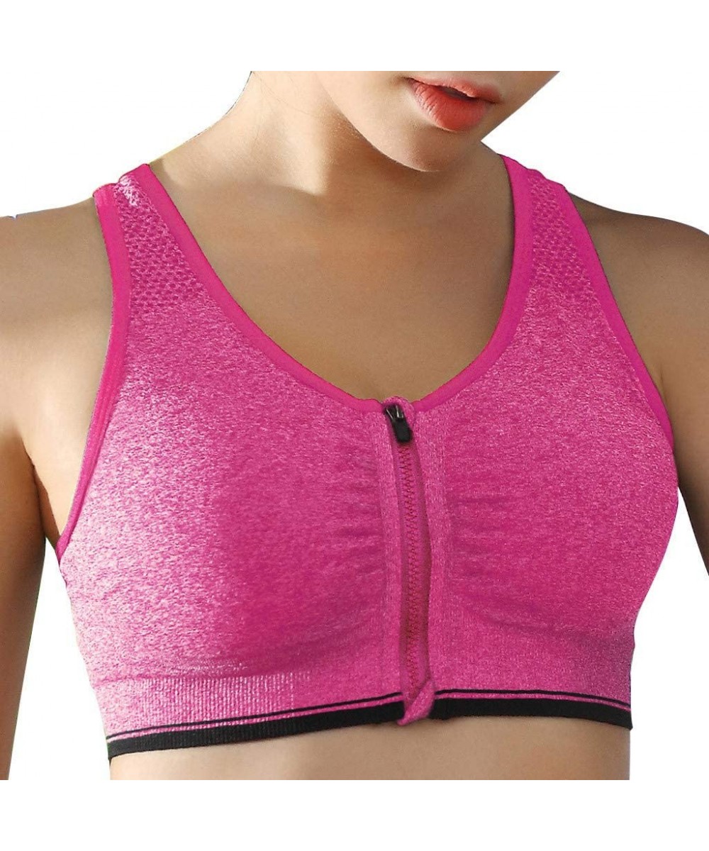 Tops Workout Zip Front Sports Bra for Woman high Impact Running Wireless Full Cup Fitness Top - Hot Pink - C6195QDH4A0