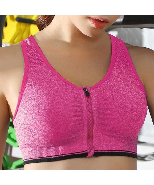 Tops Workout Zip Front Sports Bra for Woman high Impact Running Wireless Full Cup Fitness Top - Hot Pink - C6195QDH4A0