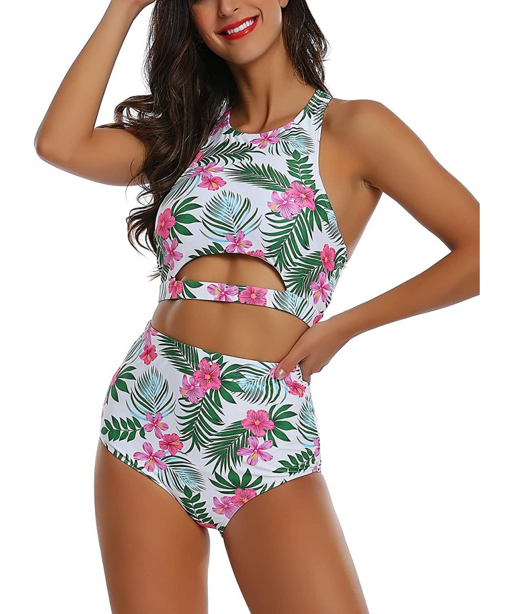 Sets Womens High Waisted Bikini Swimsuits Print 2 Piece Bathing Suit Racerback Swimwear - Flower - C418T69IQ80