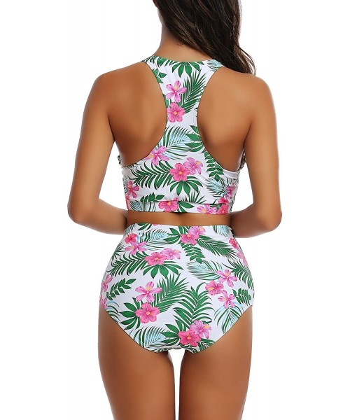 Sets Womens High Waisted Bikini Swimsuits Print 2 Piece Bathing Suit Racerback Swimwear - Flower - C418T69IQ80