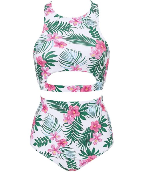 Sets Womens High Waisted Bikini Swimsuits Print 2 Piece Bathing Suit Racerback Swimwear - Flower - C418T69IQ80