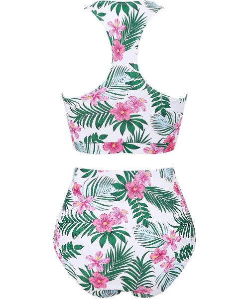 Sets Womens High Waisted Bikini Swimsuits Print 2 Piece Bathing Suit Racerback Swimwear - Flower - C418T69IQ80