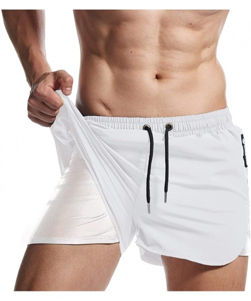 Board Shorts Mens 2-in-1 Workout Running Shorts Quick Dry Swim Trunks with Compression Lining - White - CN194IOGSRM