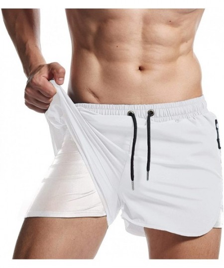 Board Shorts Mens 2-in-1 Workout Running Shorts Quick Dry Swim Trunks with Compression Lining - White - CN194IOGSRM