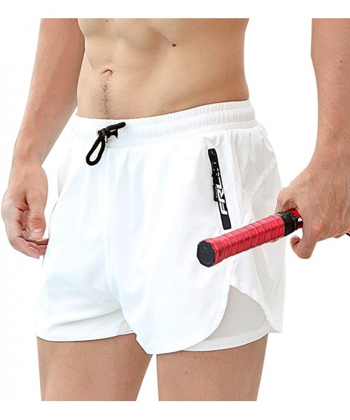 Board Shorts Mens 2-in-1 Workout Running Shorts Quick Dry Swim Trunks with Compression Lining - White - CN194IOGSRM