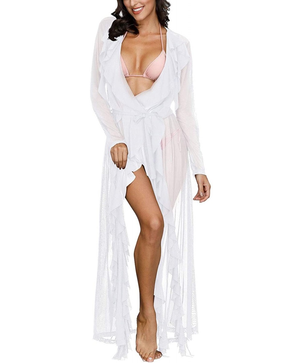 Cover-Ups Women's Sexy Thin Mesh Long Sleeve Tie Swimsuit Beach Maxi Cover Up Dress - White - C71907TY4CG